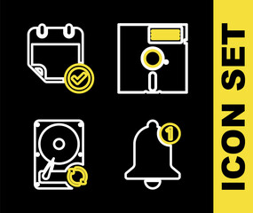 Set line Floppy disk in the 5.25-inch, Bell, Hard drive HDD sync refresh and Calendar with check mark icon. Vector