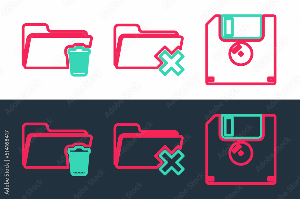 Poster set line floppy disk, delete folder and icon. vector