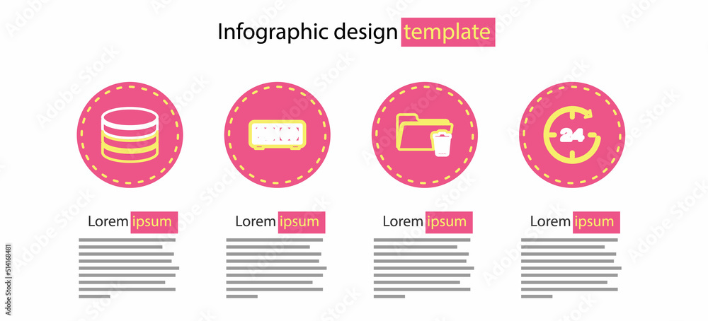 Poster set line delete folder, clock 24 hours, retro flip clock and database icon. vector