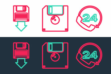 Set line Telephone 24 hours support, Floppy disk backup and icon. Vector