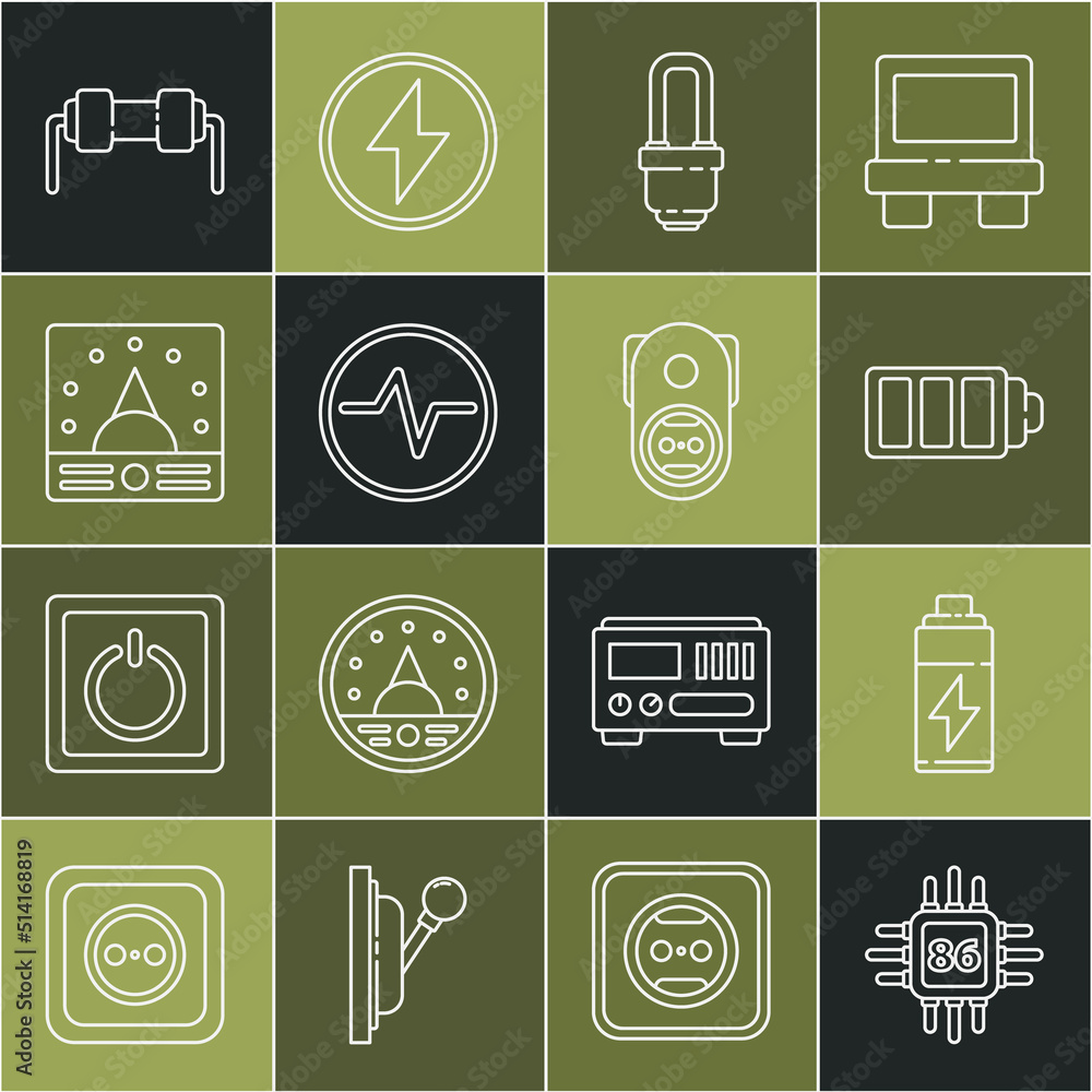 Poster set line processor with microcircuits cpu, charge level indicator, led light bulb, electric scheme, 