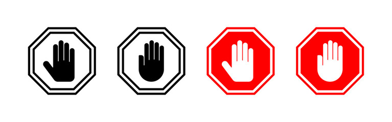 Stop icon vector. stop road sign. hand stop sign and symbol. Do not enter stop red sign with hand