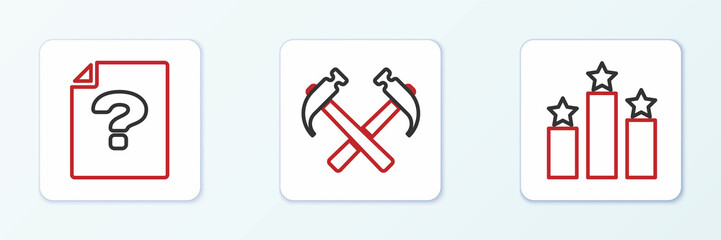 Set line Ranking star, Unknown document and Two crossed hammers icon. Vector