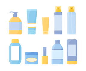 Cosmetic packaging set. Vector collection of cream bottles, tubes, spray. Beauty and skin care products isolated. Flat templates of cosmetic package