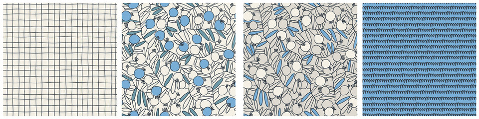 Seamless patterns set. Pomegranate tree branches with fruit. Outlined vector illustration on light-colored background for surface design and other design projects