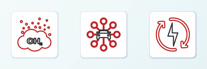 Set line Recharging, Methane emissions reduction and Car sharing icon. Vector
