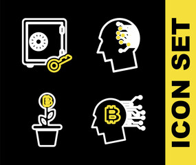 Set line Bitcoin think, plant the pot, Cryptocurrency key and Proof of stake icon. Vector