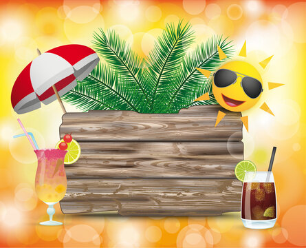 Wooden Board Summer Sun Cocktails Bokeh
