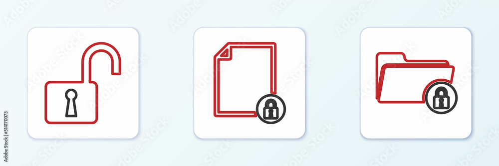 Poster set line folder and lock, open padlock and document icon. vector