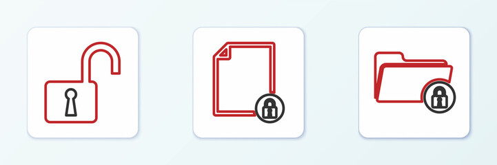 Set line Folder and lock, Open padlock and Document icon. Vector