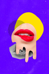 Vertical collage picture of painted girl face pieces upside down lips eye black white gamma...