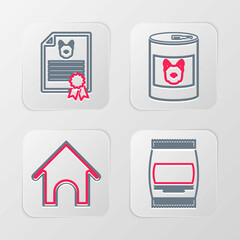 Set line Bag of food, Dog house, Canned for dog and Certificate cat icon. Vector