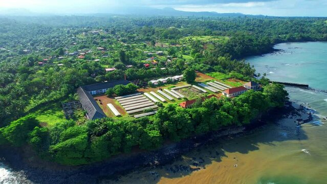 Aerial view from Roca Uba Budo where we can see the solar dryers from cocoa, in Sao Tome,Africa