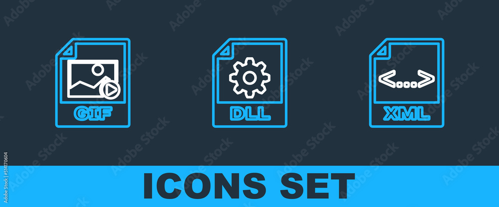 Poster set line xml file document, gif and dll icon. vector