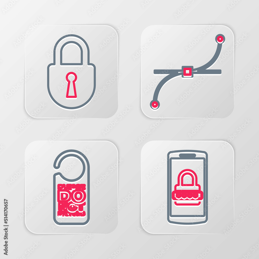Poster set line mobile and password, please do not disturb, bezier curve and lock icon. vector