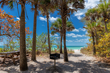 The barbecue area and pathway to Sunny white sand beach with palm trees in Naples Beach, Florida,...
