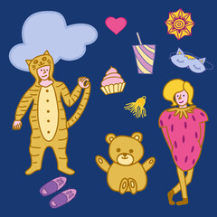 Doodle style elements for Slumber party on dark blue background.