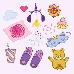 Set of items for Pajama party, isolated on pink background.