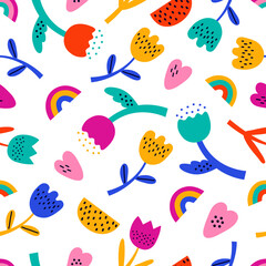 Colorful abstract floral vector seamless pattern. Bright summer flowers, rainbow, heart. Flat cartoon background in scandinavian style, simple random shapes in bright childish colors.