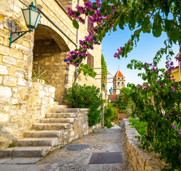 amazing cobblestone alley in old town of Omis in Dalmatia in Croatia