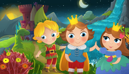 Cartoon castle and prince with princess illustration