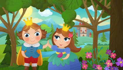 Cartoon castle and prince with princess illustration