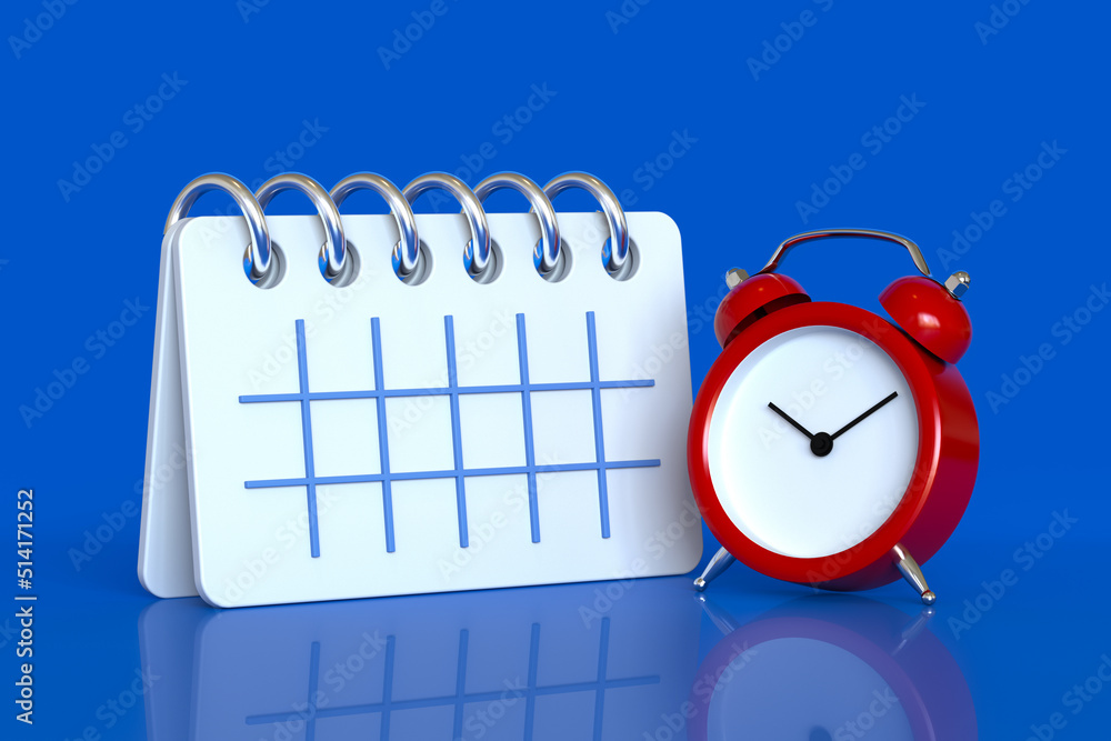 Aufkleber cartoon character alarm clock with calendar. 3d rendering