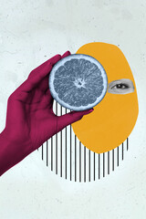 3d retro abstract creative artwork template collage of closed face arm holding orange isolated...