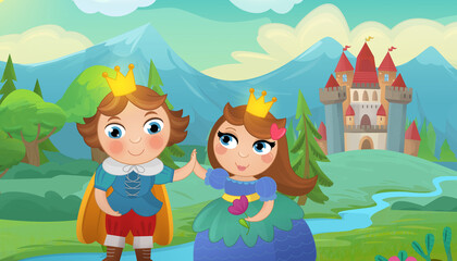 Cartoon castle and prince with princess illustration © honeyflavour