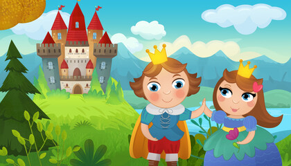 Obraz na płótnie Canvas Cartoon castle and prince with princess illustration