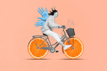 Collage image of excited positive girl black white colors drive bike orange slices instead wheels...