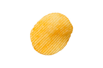Top view of potato chips isolated on white background. Delicious piece of crispy golden chips. Tasty round potato slice in closeup. Top view
