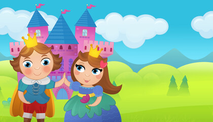 Fototapeta na wymiar Cartoon castle and prince with princess illustration