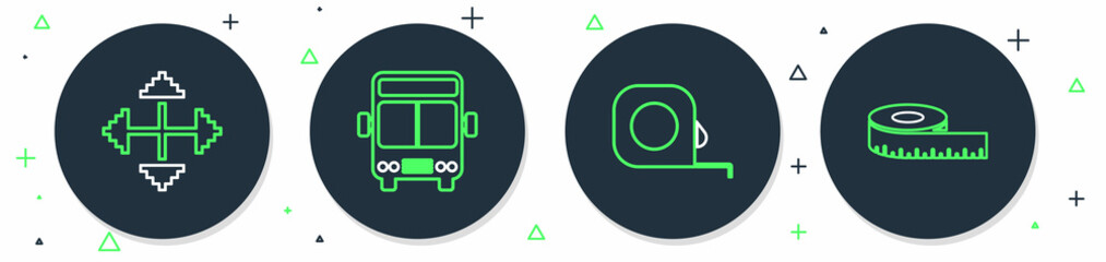 Set line Bus, Roulette construction, Pixel arrows in four directions and Tape measure icon. Vector
