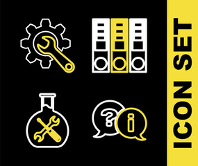 Set line Office folders, Question and Exclamation, Bioengineering service and Wrench gear icon. Vector