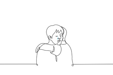 someone comforts a crying man - one line drawing vector. concept touching consoling hug, comfort, soothe someone