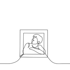 man looks out of a small square window - one line drawing vector. the concept of dreaming to get out of the comfort zone, narrow thinking, looking for perspectives, daydreaming