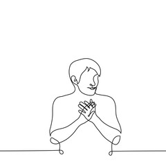 man smiles and claps his hands - one line drawing vector. concept joy, congratulations and applause