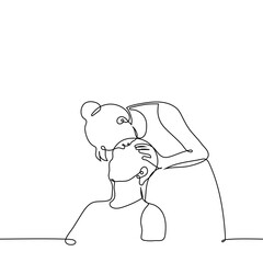 woman kissing man on forehead - one line drawing vector. sweet kiss. concept chaste surprise kiss