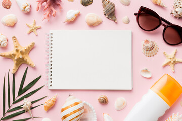 Blank writing book with summer beach accessories on background, copy space. Flat lay with copy space