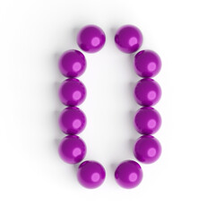 Number 0 from balls. Font from shiny purple balls. White background. Bright festive font.