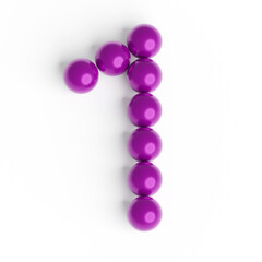 Number 1 from balls. Font from shiny purple balls. White background. Bright festive font.