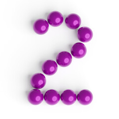 Number 2 from balls. Font from shiny purple balls. White background. Bright festive font.