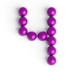 Number 4 from balls. Font from shiny purple balls. White background. Bright festive font. 