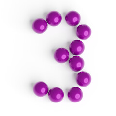 Number 3 from balls. Font from shiny purple balls. White background. Bright festive font.