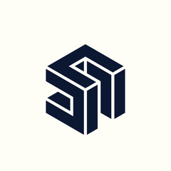 Geometric construction logo. Decorative 3d shapes. Industrial design icon isolated on light background. Bold illustration graphic. Creative style symbol. Web, tech sign.