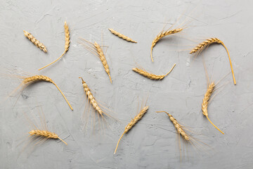 Sheaf of wheat ears close up and seeds on colored background. Natural cereal plant, harvest time concept. Top view, flat lay. world wheat crisis