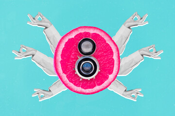 Collage picture of photo camera inside pink citrus fruit half arms fingers meditate black white...