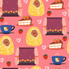 seamless pattern cartoon cat with blanket, window, tea, cake and strawberry in pink background. cute animal wallpaper for gift wrap paper