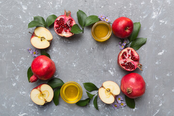Rosh hashanah concept. Frame made of symbols jewish New Year holiday Traditional. Top view with copy space